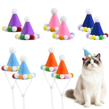 Imagem de Pacote com 10 mini chapéus de festa de feltro para cães, gatos e animais de pelúcia com faixas elásticas ajustáveis e pompons coloridos, macios, seguros, animais de estimação, coelhos, filhotes