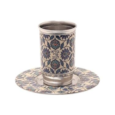 Imagem de EMANUEL Yair Copo Kiddush com Pires Combinando Aço Inoxidável | Design de Esmalte Vibrante 250 ml Cálice Judaico Kiddush para Shabat e Feriados (Azulejos Cerâmicos CZ-8)