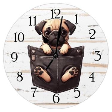 Imagem de TLTDSMY Pug Relógio de parede pendurado Pug engraçado bolso espiando cachorro relógio de parede operado por bateria relógios de parede silenciosos cão retrato de animal de estimação relógio de madeira