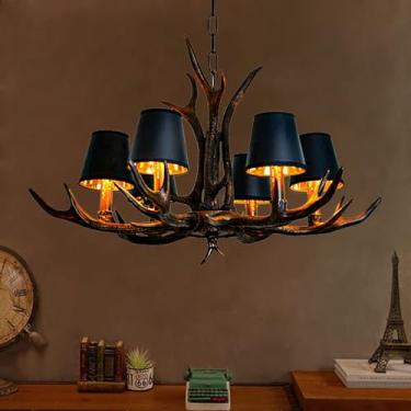 Imagem de BUUQSGKV Candeeiro pendente tradicional estilo country retro 6 luzes E14 Chifre lâmpada pendurada estilo industrial lustre resina preto abajur de ferro luminária pendente de altura ajustável para sala