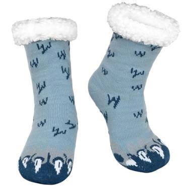 Imagem de CaiDieNu Meias masculinas felpudas chinelas: Meias térmicas antiderrapantes para casa com alças grossas e fofas forradas de lã aconchegantes e quentes em ambientes internos, Cinza tigre, 9-12