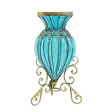 Imagem de CUTPOIY Vaso de vidro azul, vaso de mesa decorativo de metal dourado, vasos de flores estilo vintage, vasos altos para decoração de casa para mesas de centro de mesa de casamento (azul - 22,5 x 40 cm)
