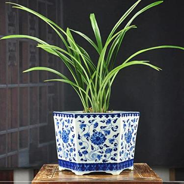 Imagem de Vaso de flores decorativo de porcelana azul e branca com bandeja de pires para plantas de interior, recipiente de flores com orifício de drenagem para plantas de bonsai flor Aloe decoração de casa