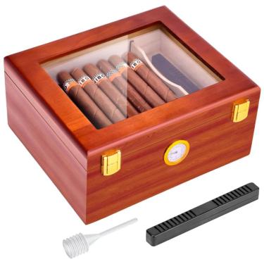 Imagem de Umidor de Charutos de Mesa com Higrômetro, Umidificador e Divisor, em Cedro Espanhol e Vidro, para Armazenar Charutos,TireQuik.