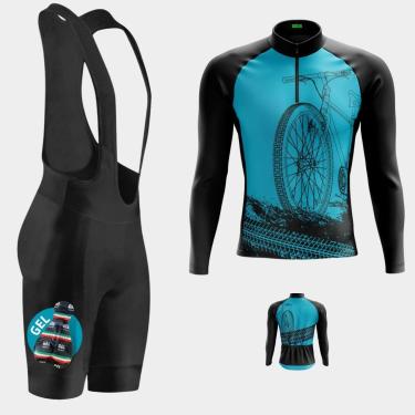 Imagem de Conjunto de Ciclismo Masculino Camisa Bike Roda Azul PRO Manga Longa Bolso Traseiro e Bretelle Gel-Masculino