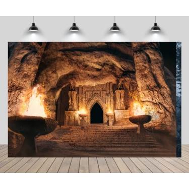 Imagem de CHNYWORK 2,1 m x 1,5 m fundo de entrada de caverna vintage templo antigo tochas acesas monge crânio estátuas fundo terror escuro festival Halloween decoração festa cabine de fotos adereços estúdios