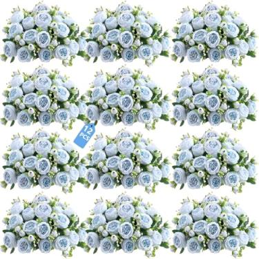 Imagem de SugarHuLu 12 pacotes de flores artificiais peônias buquê de flores rosa, peônias falsas de seda realistas com hastes para mesa de centro de mesa, casamento, festa e arranjos florais de noiva DIY (azul