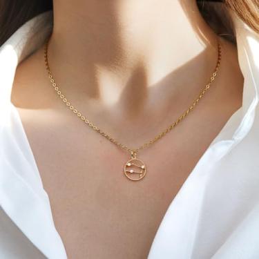 Imagem de Colares do zodíaco para mulheres, pingente de moeda banhado a ouro com joias de zircão, pingentes delicados de astrologia, horóscopo, pingente de aço inoxidável, presente personalizado de aniversário