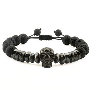 Imagem de Omky Pulseira ajustável de caveira para homens | Hematita e pedra vulcânica | Difusor de aromaterapia