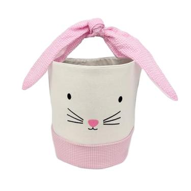 Imagem de Cesta de lona de coelhinho da Páscoa, cesta de ovos de Páscoa, rosto de coelho, branca com padrão guingão, 20 x 25 cm, alça dobrável (rosa)