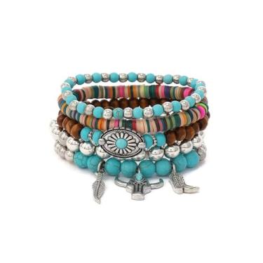 Imagem de QCWN Pulseira feminina turquesa ocidental ajustável boho feita à mão pulseira de couro com pingente de cabeça de vaca pulseira elástica joia country para mulheres cowboy chique, Large, Liga de aço