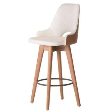 Imagem de Banqueta Alta Giratória Com Encosto Lary Para Cozinha Composê Corino Nozes E Linho Bege - Aurora Line