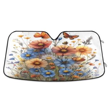 Imagem de ATTX Wildflowers Butterflies Para-brisa Carro Para-brisa 144.8 cm x 80.0 cm Escudo Solar Universal com Proteção UV, Persiana de Janela Frontal Auto Dobrável para Sedans SUVs Caminhões #100