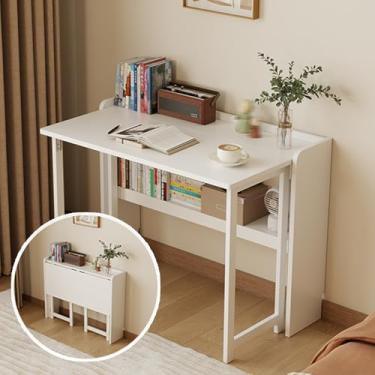 Imagem de Yadlan Foldable Homework Desk for Kids, Toddler Study Table with Storage, Solid Wood Kids' Desks, Children Study Table with Bottom Storage Shelf, Folding Study Small Student Desk White 100cm