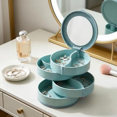 Imagem de Organizador de joias, caixa de armazenamento de joias pequena, suporte de brincos para mulheres, bandeja de joias rotativa de 5 camadas com tampa para pulseiras, anéis, pulseiras, presente para