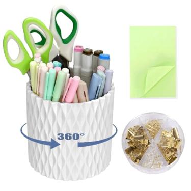Imagem de Suporte de caneta giratório de 360° com conjunto de notas adesivas e clipes, organizador de artigos de papelaria, organizador de artigos de papelaria fofo, porta-lápis para escritório, escola
