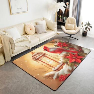 Imagem de Tapete de área Red Cardinal 7,5 x 12,5 cm, tapetes de pássaros de animais selvagens da natureza para sala de estar, bagas vermelhas e flores de poinsétia lavável, tapete de fazenda, decorações de