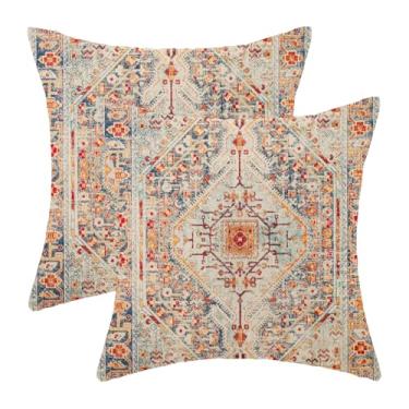 Imagem de Gohdiwh Conjunto de 2 capas de travesseiro Boho 45,7 x 45,7 cm, padrão de carpete boêmio, azul, vermelho, decorativo, vintage, casa de fazenda, ao ar livre, para sofá, quarto, decoração