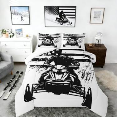 Imagem de Jogo de cama com estampa de motoqueiro de neve, estilo competição, competição, para crianças, adolescentes e adultos, preto e branco, decoração de graffiti, edredom acolchoado com 2 fronhas, tamanho