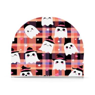 Imagem de JUZIHAI Porta-guardanapos xadrez de fantasmas de Halloween de desenho animado para mesa, dispensador de guardanapo de acrílico, suporte de lenços independente de mesa para cozinha, jantar, bar, festa