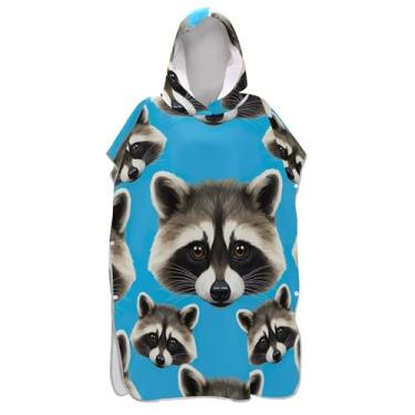 Imagem de Roupão para adultos poncho de surfe com capuz toalha de natação bonito plus size bonito cabeça de guaxinim azul ponchos adultos para mulheres