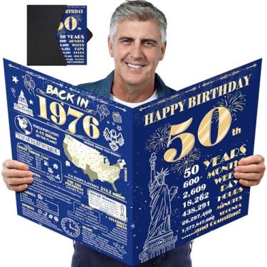 Imagem de Cartão grande de aniversário de 50 anos para homens e mulheres com envelope, decrotações de feliz aniversário de 50 anos, ouro azul, livro de assinatura de convidado gigante, Back in 1976 Big