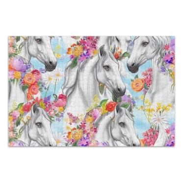 Imagem de Quebra-cabeça de 1000 peças para adultos lindos cavalos brancos flores divertido paisagem boba quebra-cabeça animal flor arte, 75 x 40 centímetros