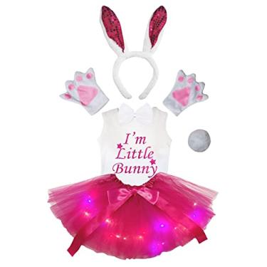 Imagem de Petitebella I'm Little Bunny Shirt Headband Tutu 6pc Girl Costume 1-8y (White/Hot Pink Sequins LED, 1-2 Years)