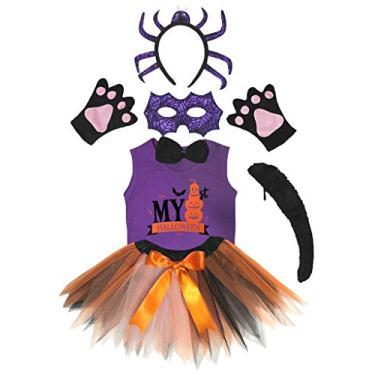 Imagem de Petitebella Conjunto de 7 peças de fantasia de tutu com máscara de aranha roxa 1 a 8 anos (meu primeiro dia das bruxas, 5 a 6 anos)