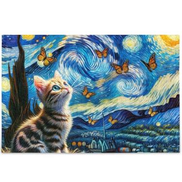 Imagem de Quebra-cabeça de gato noturno estrelado de gatinho fofo personalizado 1000 quebra-cabeças para adultos paisagem arte animal arte quebra-cabeça duro amantes presentes família quebra-cabeça, 75 cm x 50