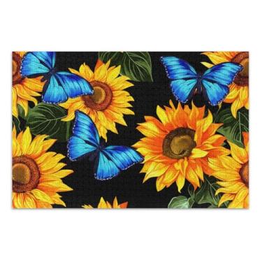 Imagem de Quebra-cabeça para adultos 1000 peças de girassóis vibrantes borboletas azuis pintura animal preto divertido quebra-cabeça família elefante branco presentes engraçados, 75 x 40 centímetros