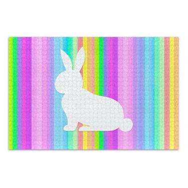 Imagem de Quebra-cabeça com listras arco-íris de coelho branco, 500 peças para adultos, estampa animal, quebra-cabeça legal para adultos, presentes engraçados, 51 x 35 cm