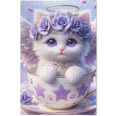 Imagem de Quebra-cabeça de gato fofo anjo gatinho floral 500 peças para adultos pintura animal paisagem quebra-cabeças personalizados elefante branco presentes engraçados, 52 cm x 37,8 cm