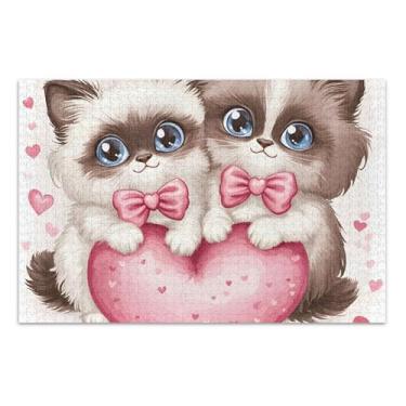 Imagem de Quebra-cabeça para adultos 500 peças quebra-cabeça família amantes presentes cena inverno quebra-cabeça arte animal impressão romântica gatos gêmeos amor corações, 51 x 35 centímetros