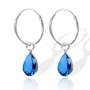 Imagem de Brinco Argola Pingente Gota Azul Zirconia Prata Legitima 925 - Lojas L