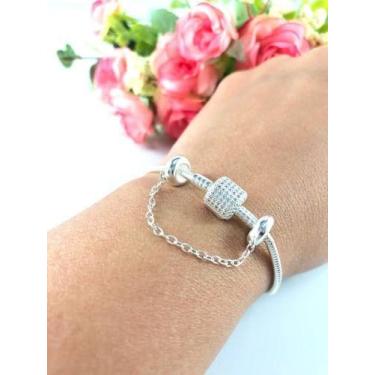 Imagem de Pulseira Berloqueira Cravejada Com Trava Prata Maciça 925 - Lojas La&A