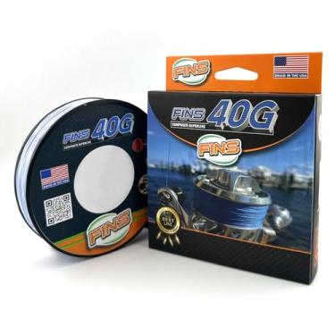 Imagem de FINS Linha de pesca trançada super redonda 40G feita nos EUA - alta relação resistência/diâmetro, sensação mono suave, sobretrança de pacote de 8 fibras, design sem penugem - azul - 6,8 kg - 300
