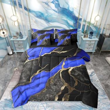 Imagem de Erosebridal Conjunto de edredom Queen de mármore azul preto para mulheres e adultos - Conjunto de cama de mármore minimalista com textura metálica abstrata, conjunto de edredom de 7 peças