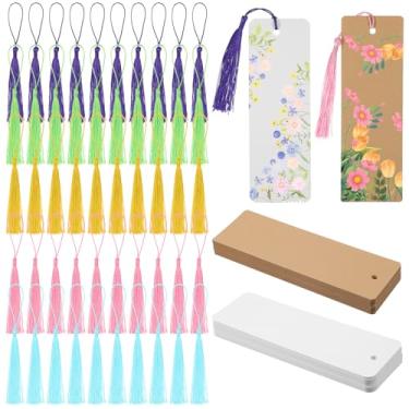 Imagem de 50 marcadores de papel em branco com 50 borlas coloridas, marcadores brancos e marrons em branco para projetos de arte DIY, material escolar