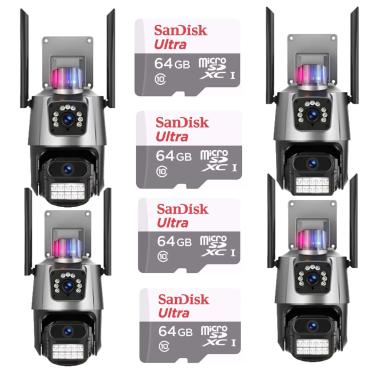 Imagem de Kit 4 Câmera De Segurança Externa Lente Dupla 4k Led Sirene Policial Cartão 64gb