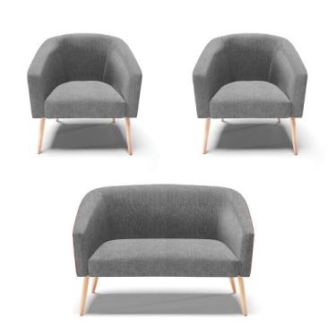 Imagem de Namoradeira e 2 Poltronas Pé Palito Natural Stella Nozes/ Linho Grafit