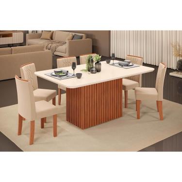 Imagem de Conjunto: Mesa de Cozinha Canes c/ Tampo Madeirado c/ Vidro Curvo 170x90cm e 6 Cadeiras Zoe Freijo/Off White - Suede Creme - DJ Móveis