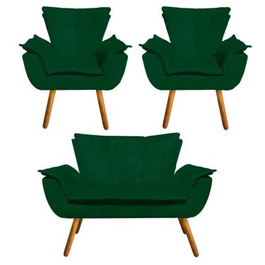 Imagem de Namoradeira e 2 Poltronas Pé Palito Castanho Opala Suede Verde D03 - D'Rossi