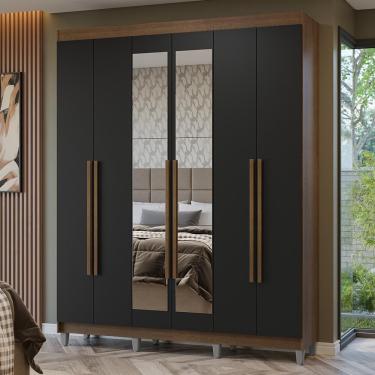 Imagem de Guarda Roupa Casal Netuno 6 Portas Batentes 4 Gavetas MDP com Espelho Rustic-Preto-Rust...
