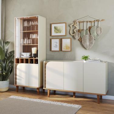 Imagem de Conjunto Buffet e Cristaleira para Sala de Estar Village G73 2 Portas 3 Prateleiras MDP MDF HDF Off White Freijó Gran