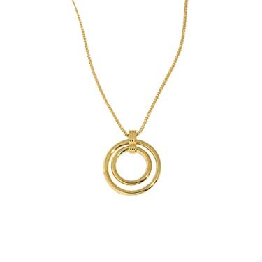 Imagem de YUHUAWF Colar de prata esterlina 925 pingente redondo círculo duplo colar de corrente longa feminino requintado pingente de festa jóias ajustável para mulheres