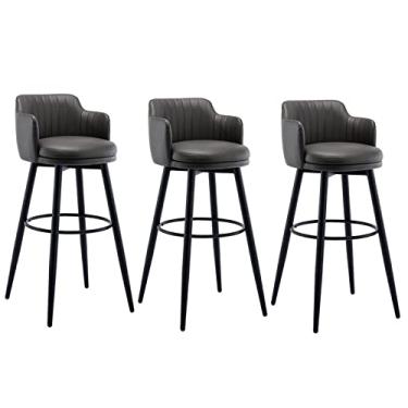 Imagem de Bancos De Barra Giratória Conjunto De 3 Com Cadeira De Barra De Ilha De Cozinha Lombar, Altura Do Balcão Com Braços, Assento Estofado De Cromo De Couro Nappa, Para Barras, Café, Lounge, Pubs
