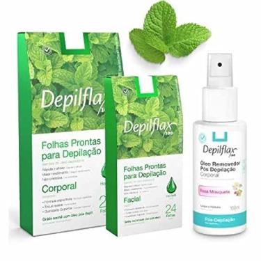 Imagem de Kit Folhas Prontas Depilação Facial/Corporal + Óleo Removedor de Cera 100ml Depilflax (Hortelã)
