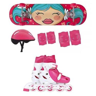 Imagem de Skate Infantil Menina Kit Proteção + Patins Roller Rosa M - Mor