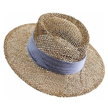 Imagem de Lifup Chapéu de palha feminino chapéu panamá de aba larga com faixa plana chapéu de sol chapéu de veleiro FPS 50, Azul claro, Tamanho Único
